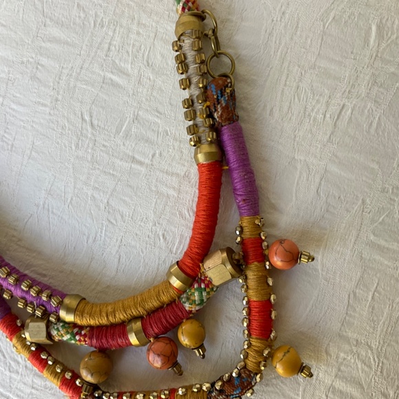 Anthropologie Multi Strand Thread & Bead Statement Necklace Brass Tone A… - Picture 5 of 9